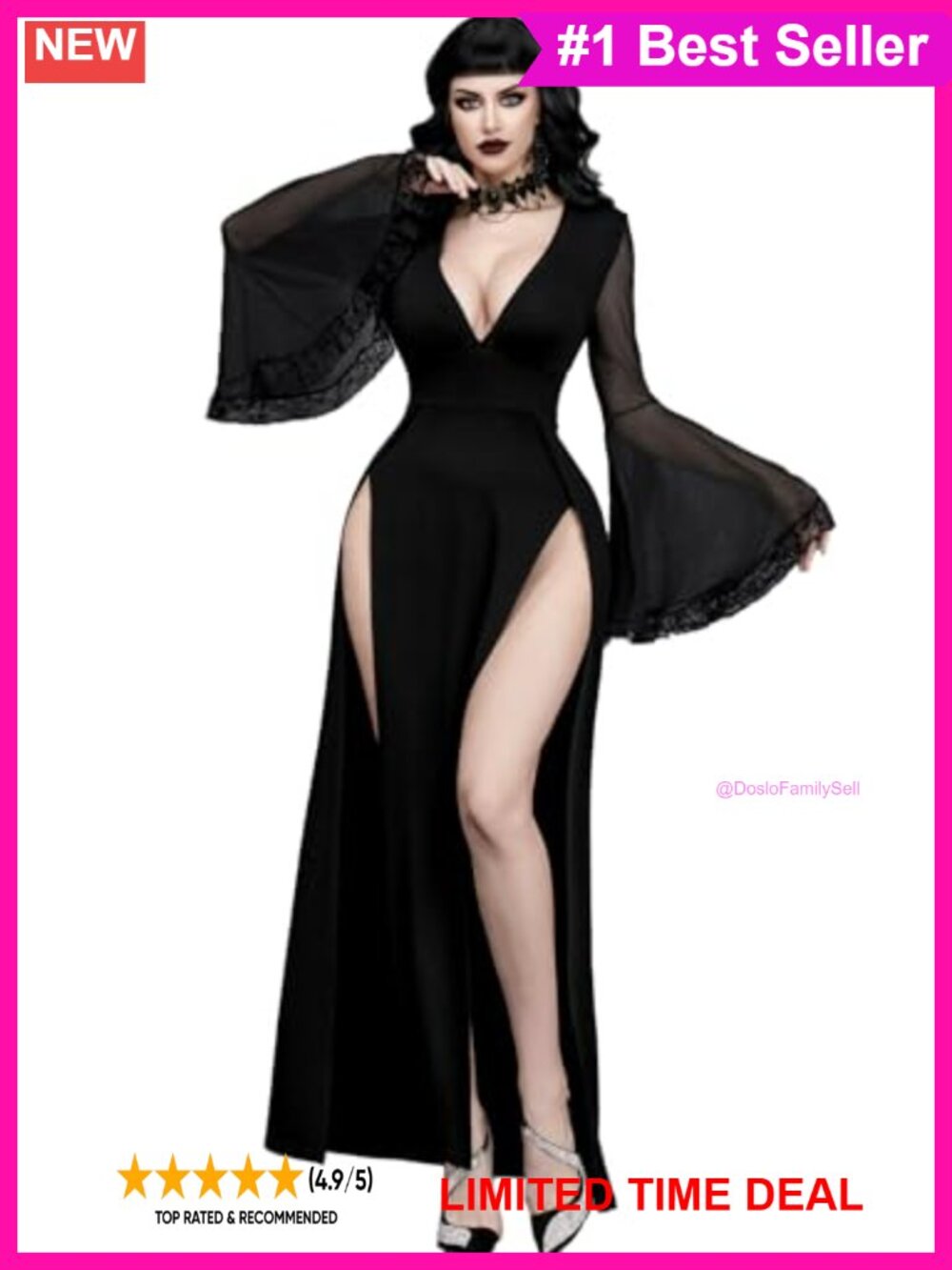 Gothic V Neck High Slit Lace Patchwork Witch Sleeve Maxi Dress
